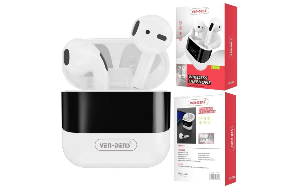 Auriculares con estuche junto a la caja de packaging VEN-DENS
