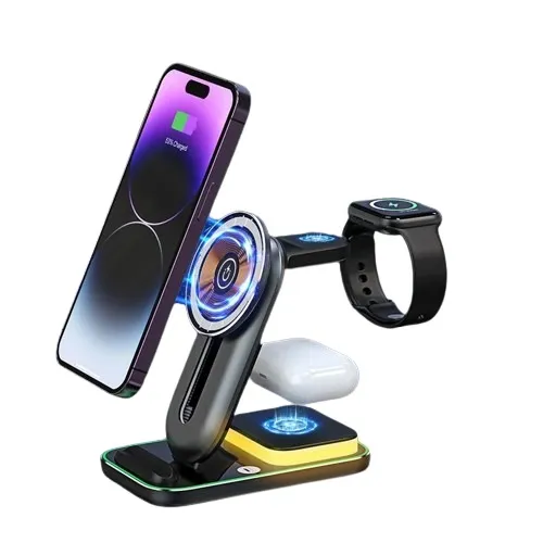 Estación de carga con móvil, reloj inteligente y auriculares cargando simultáneamente
