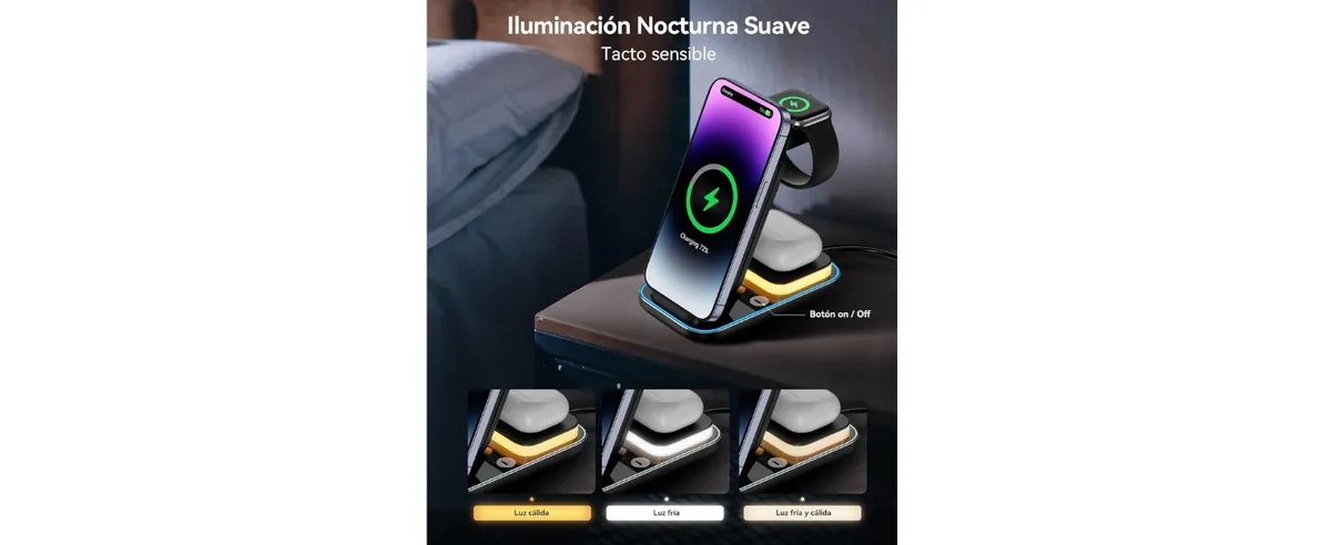 Estación de carga en mesita de noche con iluminación nocturna suave
