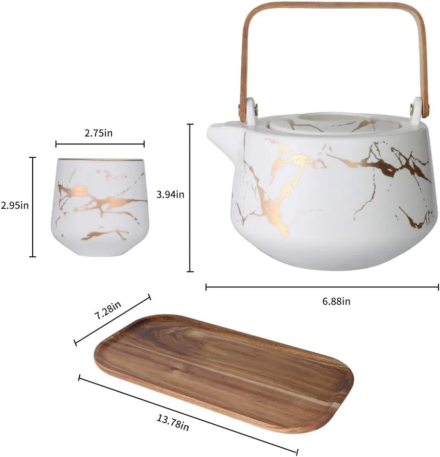 Medidas de las piezas: taza, tetera y bandeja del juego blanco