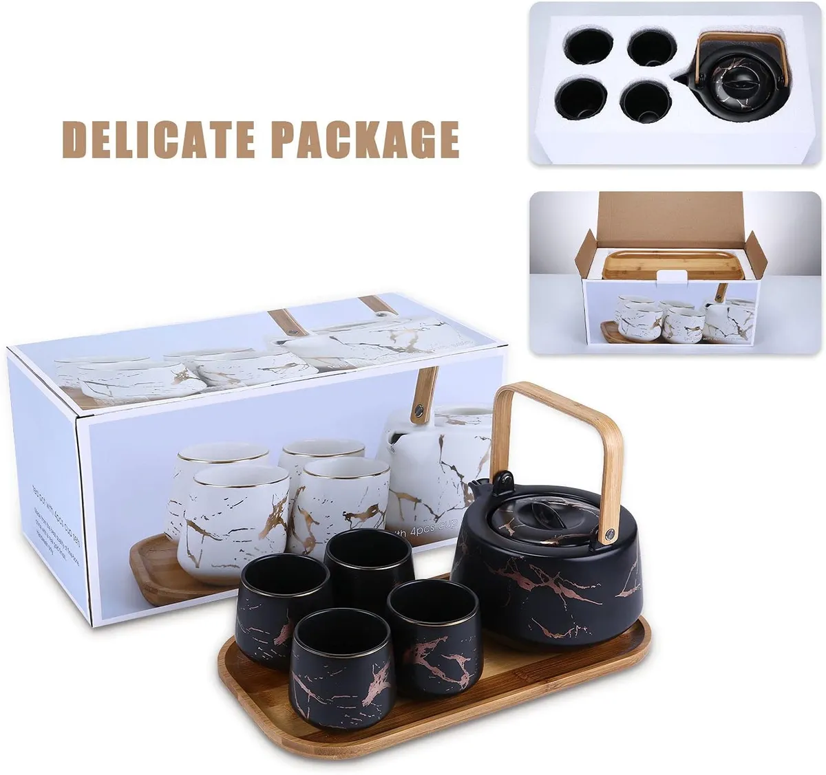 Packaging del juego de té con ambos colores y presentación en caja